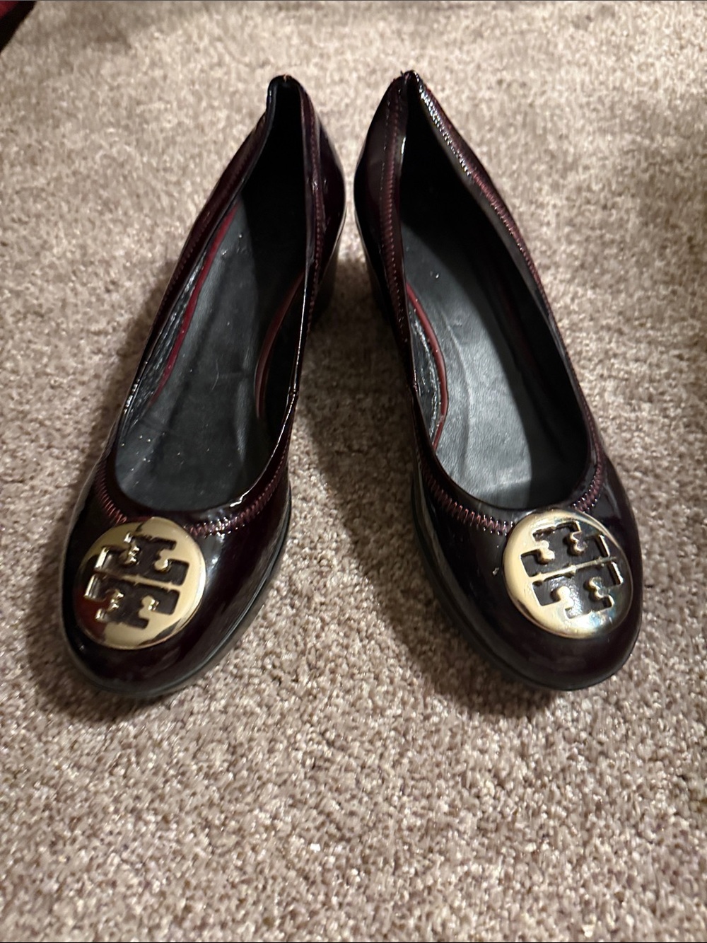 Tory Burch Burgundy Patent Logo Round-Toe wedge